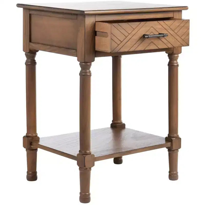 Table d'appoint avec 1 tiroir, motif à chevrons et étagère ouverte, blanc vieilli