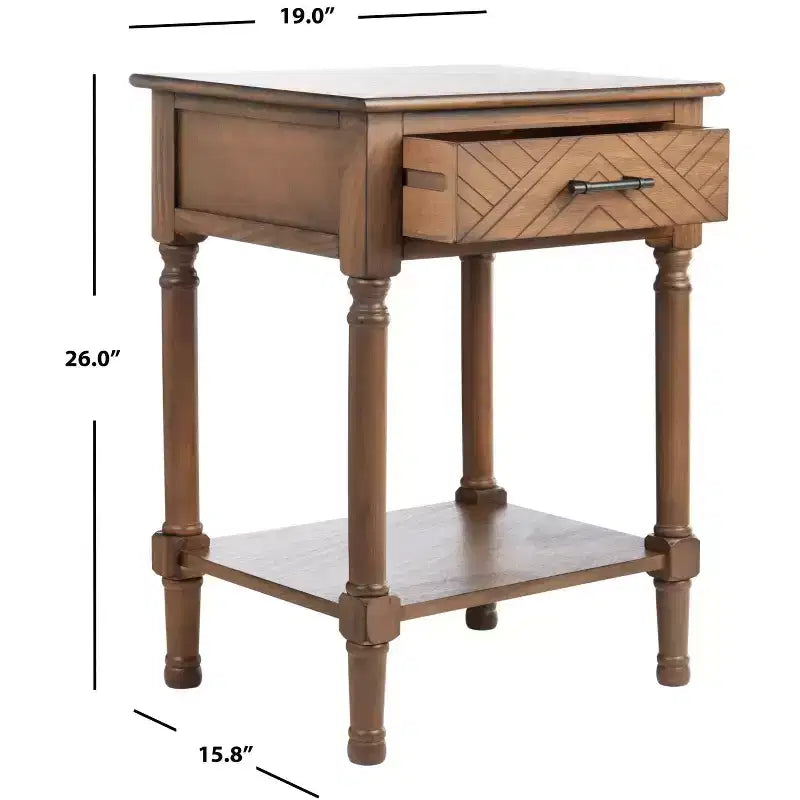 Table d'appoint avec 1 tiroir, motif à chevrons et étagère ouverte, blanc vieilli