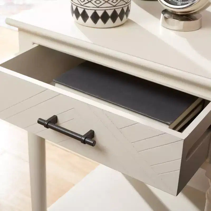 Table d'appoint avec 1 tiroir, motif à chevrons et étagère ouverte, blanc vieilli