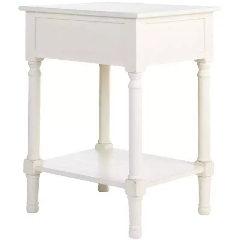 Table d'appoint avec 1 tiroir, motif à chevrons et étagère ouverte, blanc vieilli
