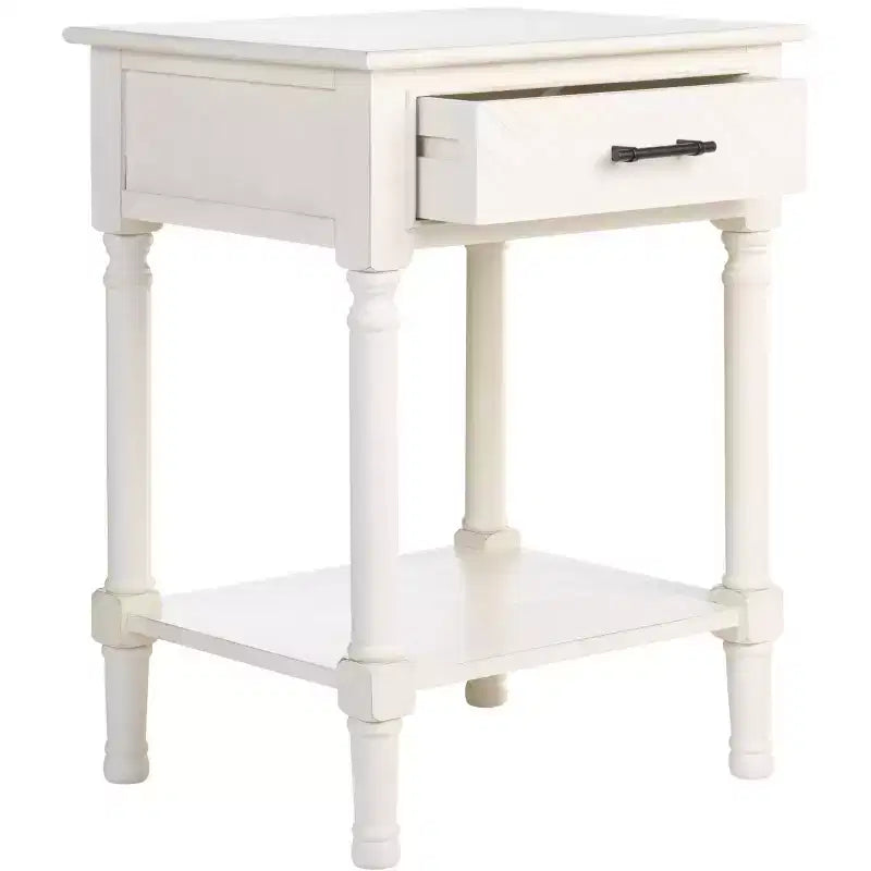 Table d'appoint avec 1 tiroir, motif à chevrons et étagère ouverte, blanc vieilli
