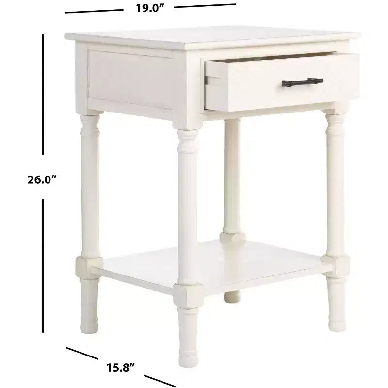 Table d'appoint avec 1 tiroir, motif à chevrons et étagère ouverte, blanc vieilli