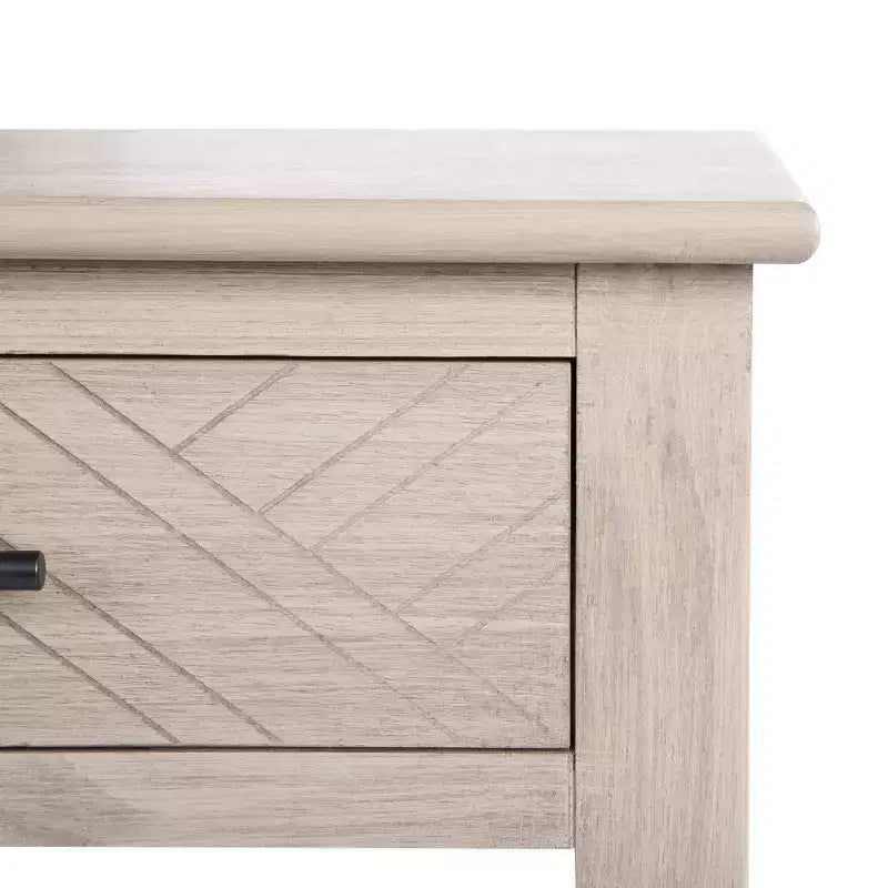 Table d'appoint avec 1 tiroir, motif à chevrons et étagère ouverte, blanc vieilli
