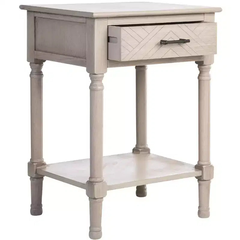 Table d'appoint avec 1 tiroir, motif à chevrons et étagère ouverte, blanc vieilli