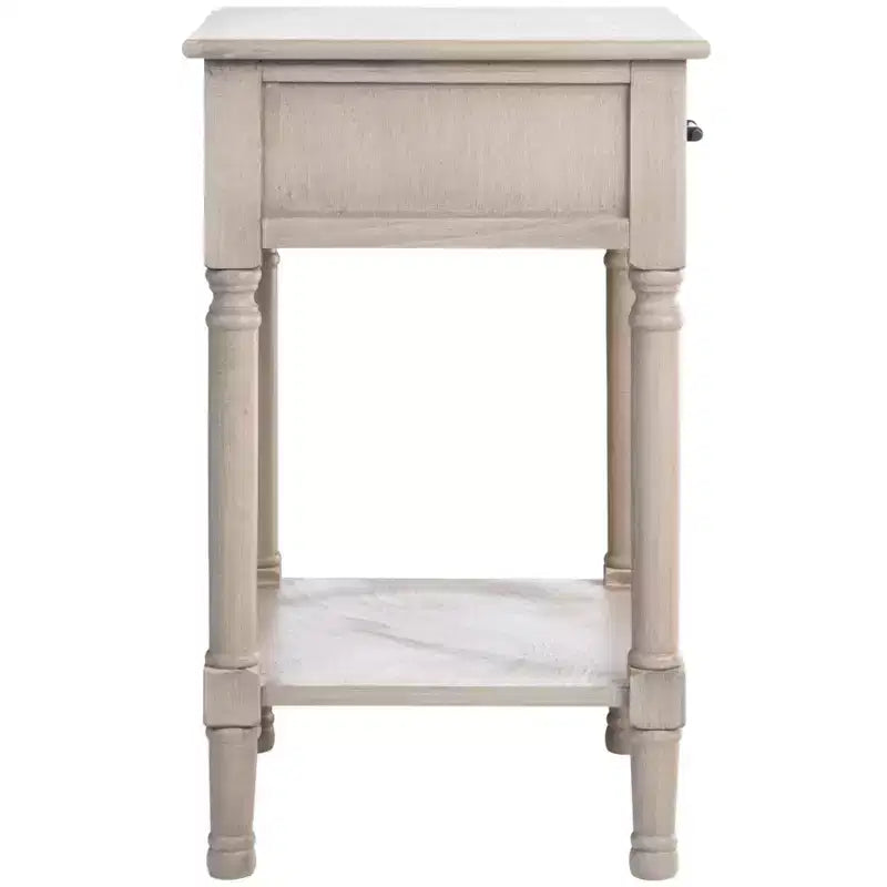 Table d'appoint avec 1 tiroir, motif à chevrons et étagère ouverte, blanc vieilli