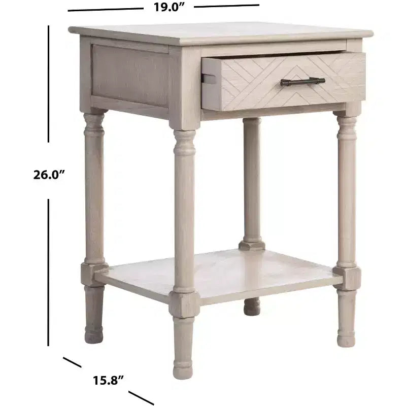 Table d'appoint avec 1 tiroir, motif à chevrons et étagère ouverte, blanc vieilli
