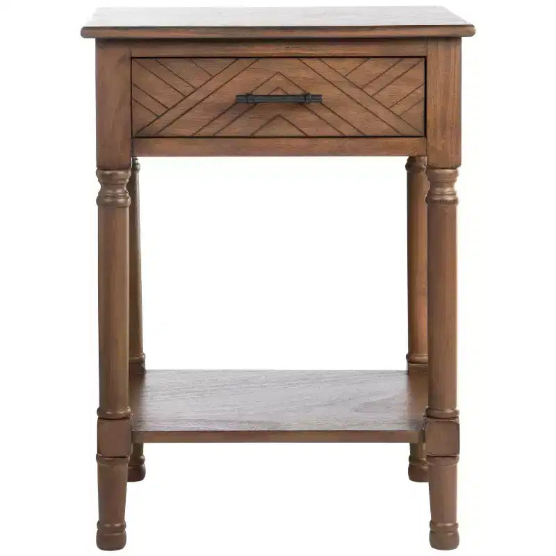 Table d'appoint avec 1 tiroir, motif à chevrons et étagère ouverte, blanc vieilli
