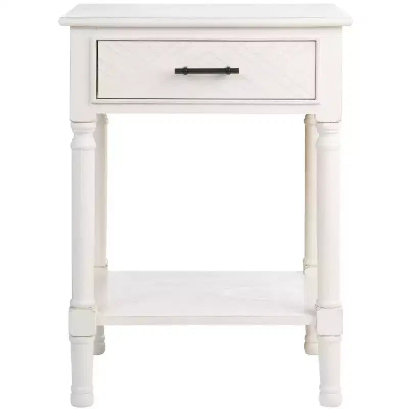 Table d'appoint avec 1 tiroir, motif à chevrons et étagère ouverte, blanc vieilli