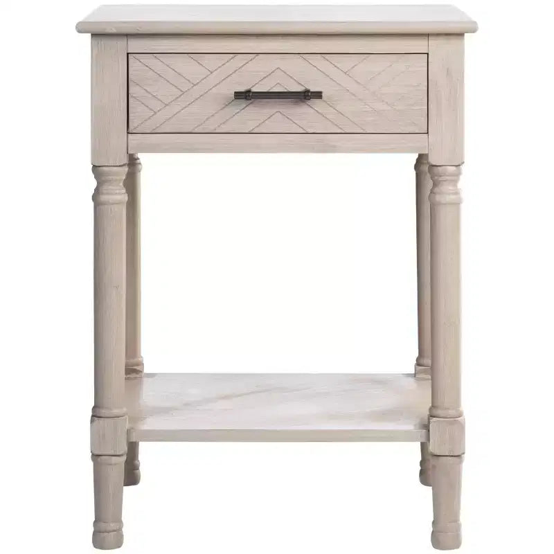 Table d'appoint avec 1 tiroir, motif à chevrons et étagère ouverte, blanc vieilli