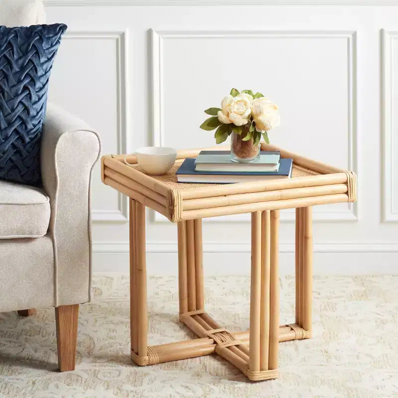 Table d'appoint carrée en rotin, table de bout côtière naturelle avec plateau amovible, aucun assemblage requis