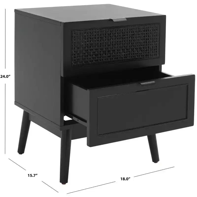 Table de chevet côtière du milieu du siècle avec 2 tiroirs en rotin et pieds évasés