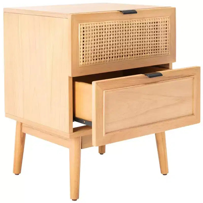 Table de chevet côtière du milieu du siècle avec 2 tiroirs en rotin et pieds évasés