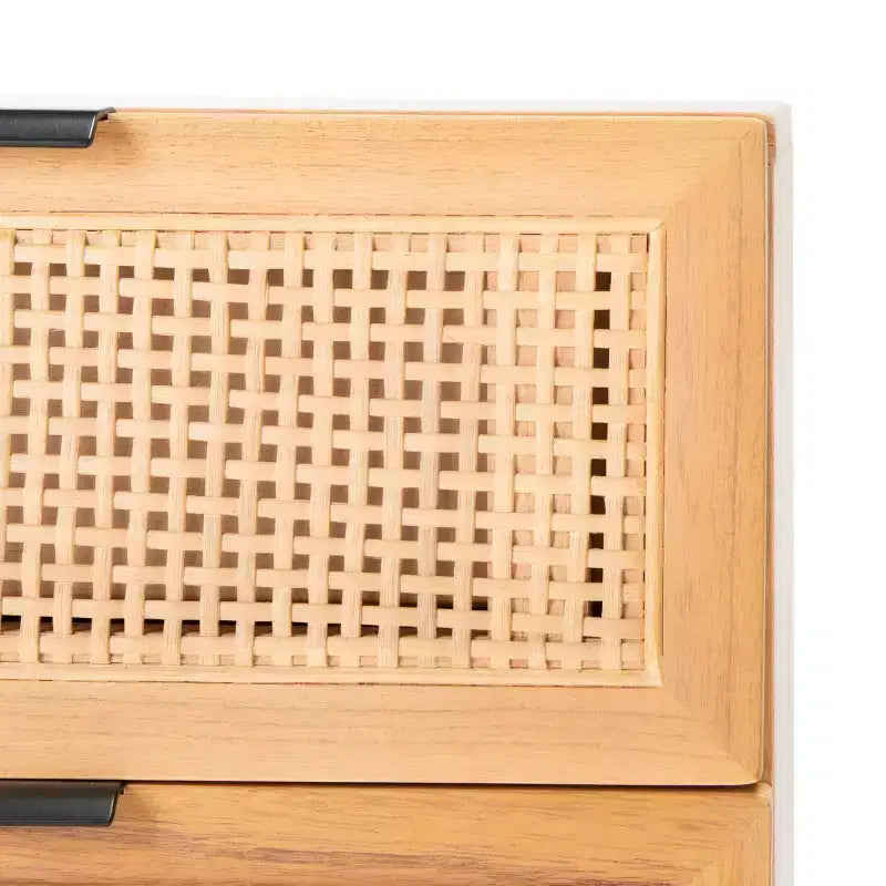 Table de chevet côtière du milieu du siècle avec 2 tiroirs en rotin et pieds évasés