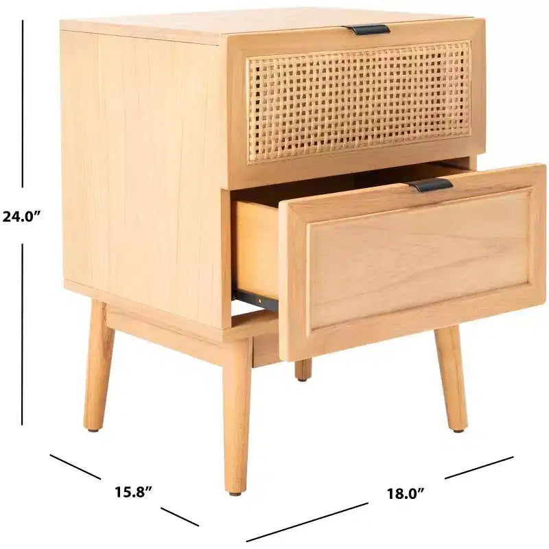 Table de chevet côtière du milieu du siècle avec 2 tiroirs en rotin et pieds évasés