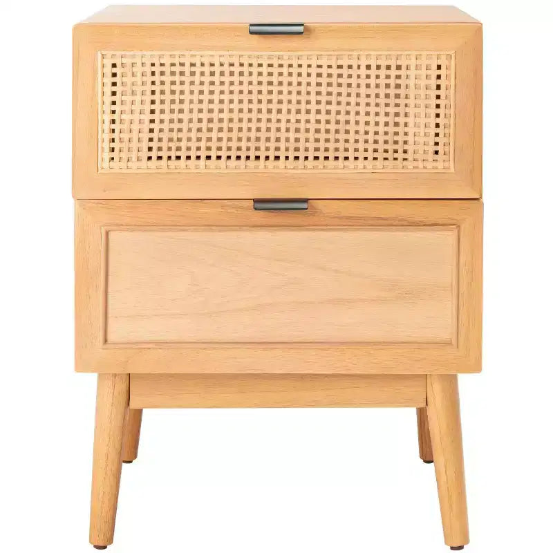 Table de chevet côtière du milieu du siècle avec 2 tiroirs en rotin et pieds évasés