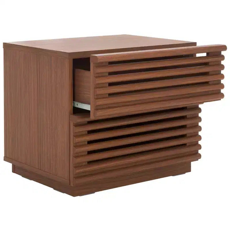 Table de chevet à 2 tiroirs avec détails en bois cannelé et pieds fuselés, finition noyer