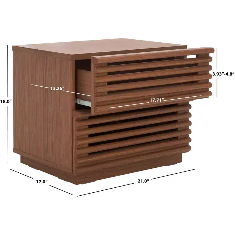 Table de chevet à 2 tiroirs avec détails en bois cannelé et pieds fuselés, finition noyer