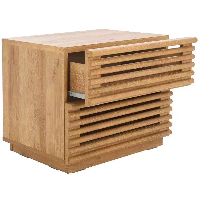 Table de chevet à 2 tiroirs avec détails en bois cannelé et pieds fuselés, finition noyer