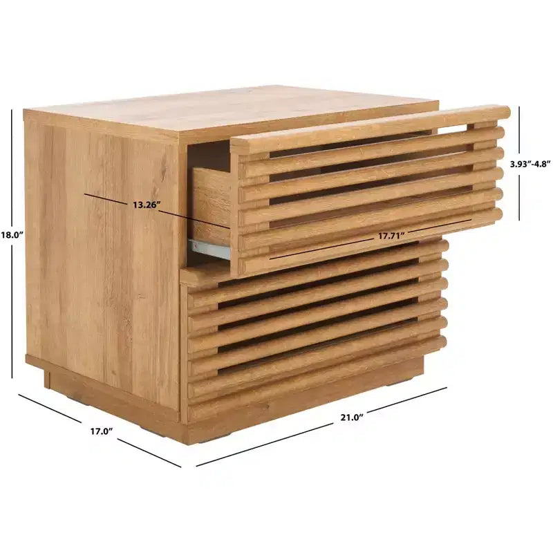 Table de chevet à 2 tiroirs avec détails en bois cannelé et pieds fuselés, finition noyer