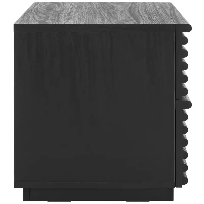 Table de chevet à 2 tiroirs avec détails en bois cannelé et pieds fuselés, finition noyer