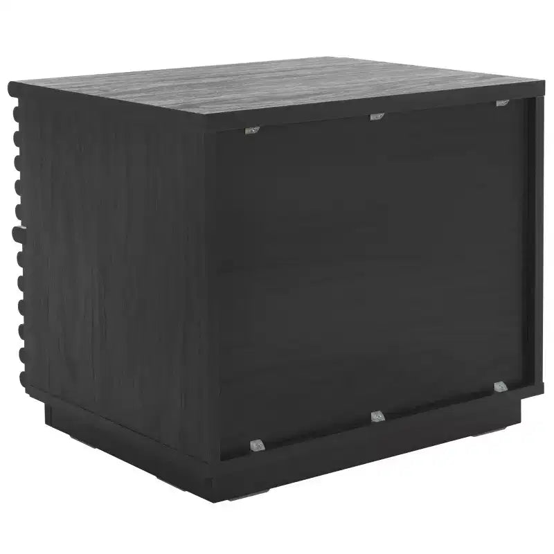 Table de chevet à 2 tiroirs avec détails en bois cannelé et pieds fuselés, finition noyer