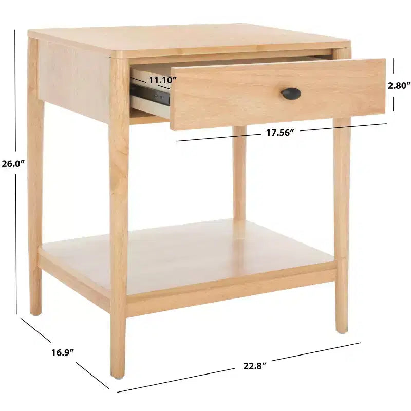 Table de chevet en bois d'hévéa à 1 tiroir avec étagère ouverte, finition blanchie, aucun assemblage requis