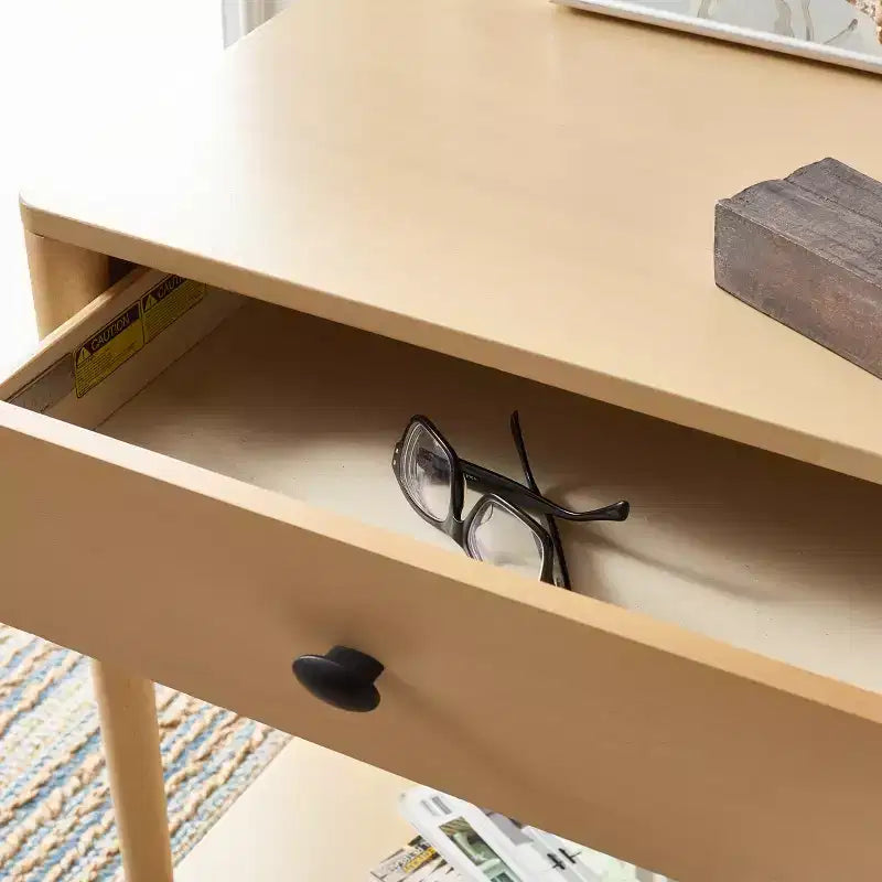 Table de chevet en bois d'hévéa à 1 tiroir avec étagère ouverte, finition blanchie, aucun assemblage requis