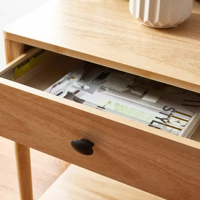 Table de chevet en bois d'hévéa à 1 tiroir avec étagère ouverte, finition blanchie, aucun assemblage requis