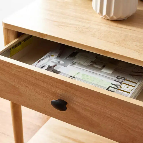 Table de chevet en bois d'hévéa à 1 tiroir avec étagère ouverte, finition blanchie, aucun assemblage requis