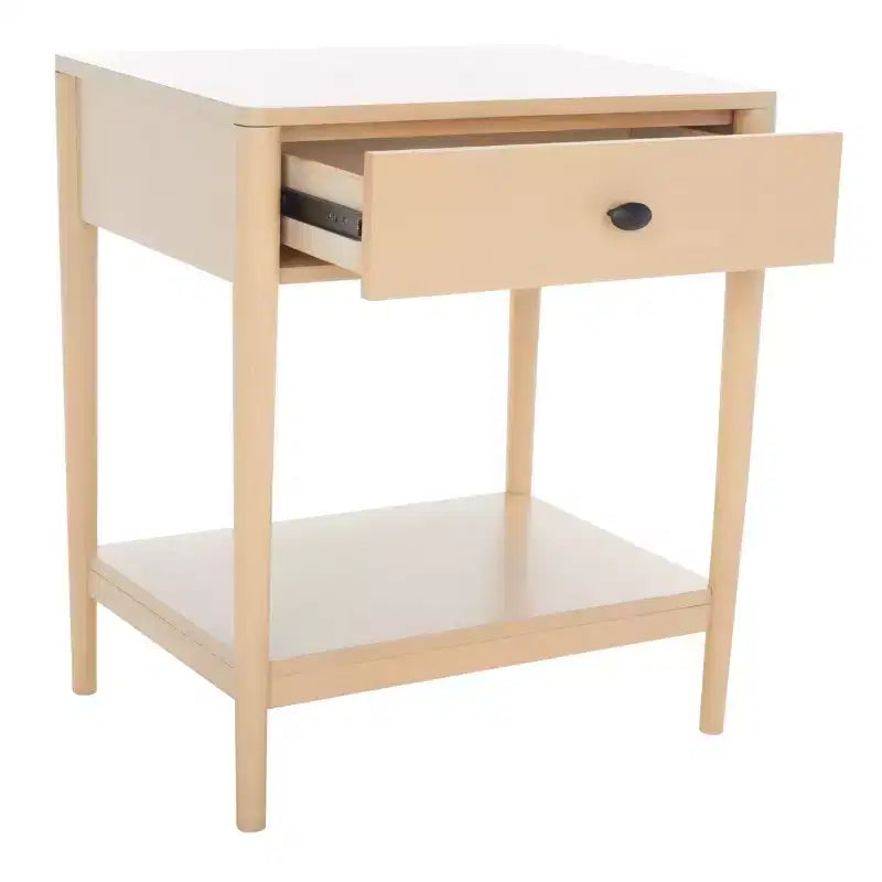 Table de chevet en bois d'hévéa à 1 tiroir avec étagère ouverte, finition blanchie, aucun assemblage requis