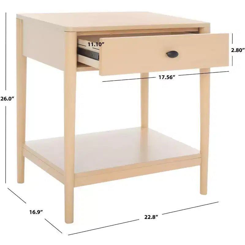 Table de chevet en bois d'hévéa à 1 tiroir avec étagère ouverte, finition blanchie, aucun assemblage requis