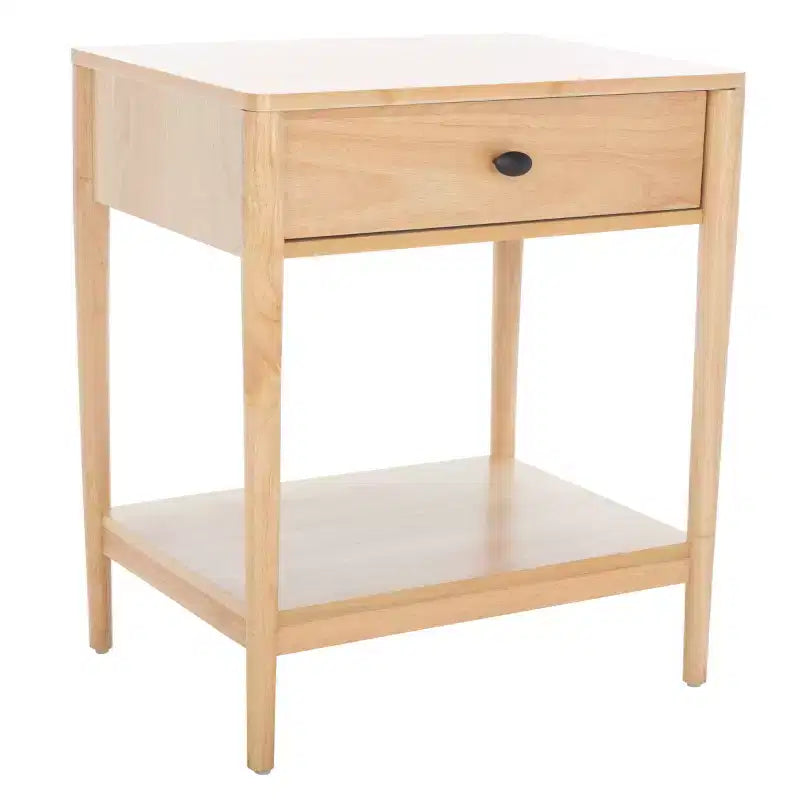 Table de chevet en bois d'hévéa à 1 tiroir avec étagère ouverte, finition blanchie, aucun assemblage requis