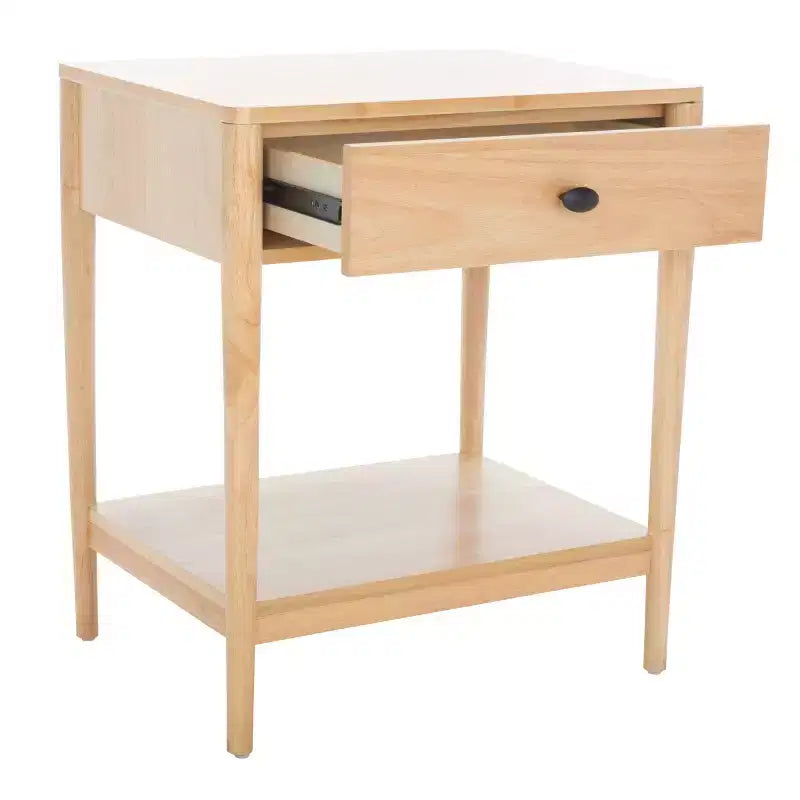 Table de chevet en bois d'hévéa à 1 tiroir avec étagère ouverte, finition blanchie, aucun assemblage requis