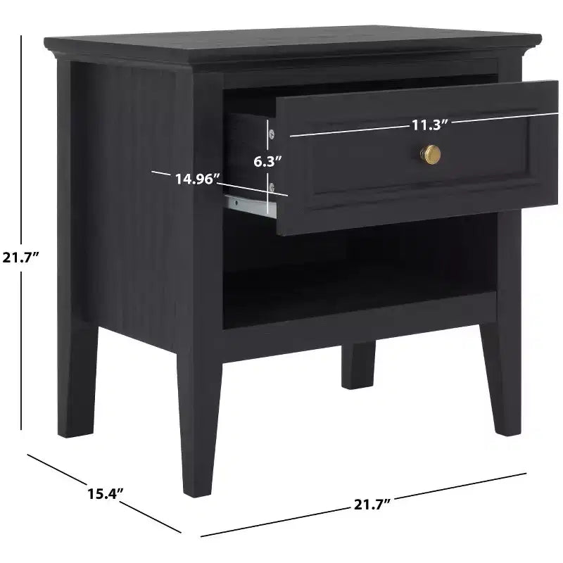 Table de chevet 1 tiroir 1 étagère avec poignées dorées, finition noyer