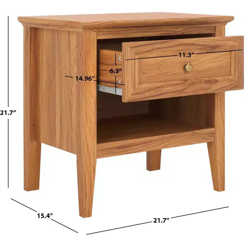 Table de chevet 1 tiroir 1 étagère avec poignées dorées, finition noyer