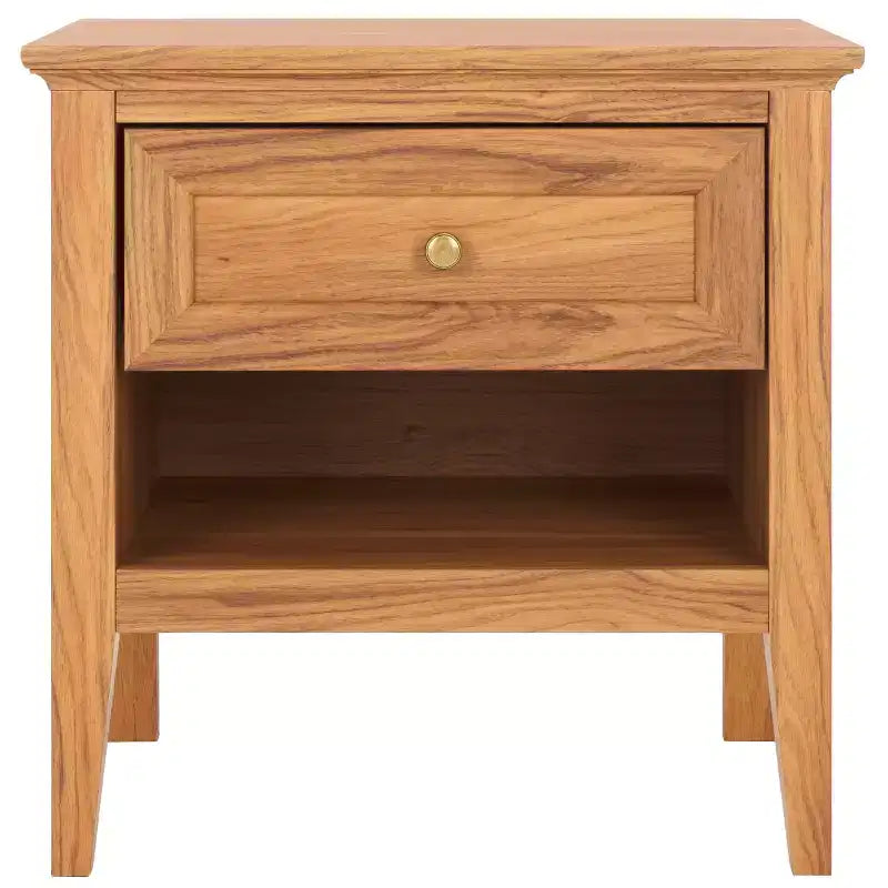 Table de chevet 1 tiroir 1 étagère avec poignées dorées, finition noyer