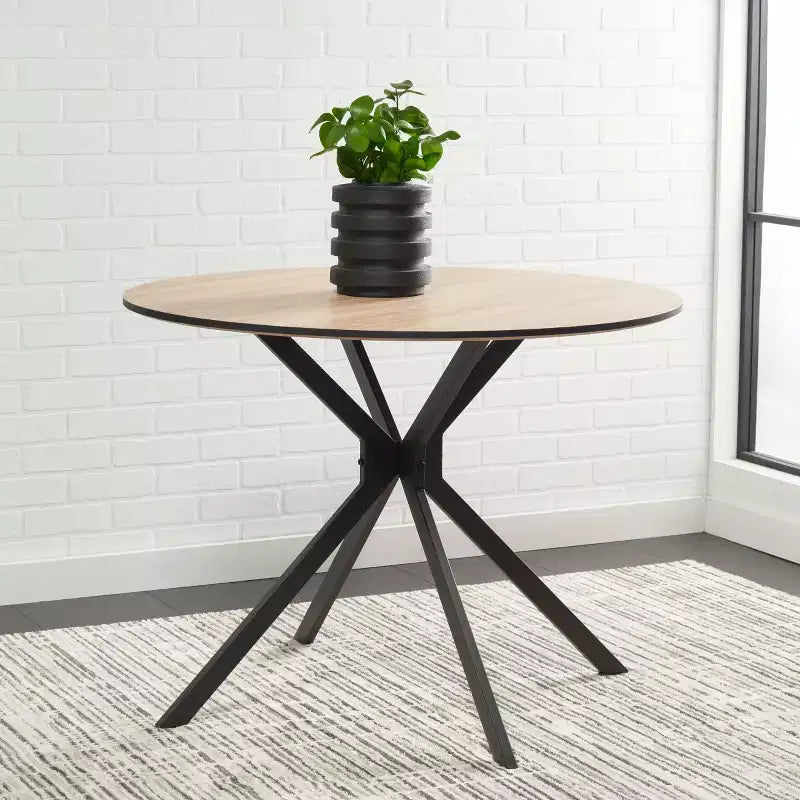 Table de salle à manger bistrot ronde du milieu du siècle, plateau en bois naturel et piètement noir, 2 places