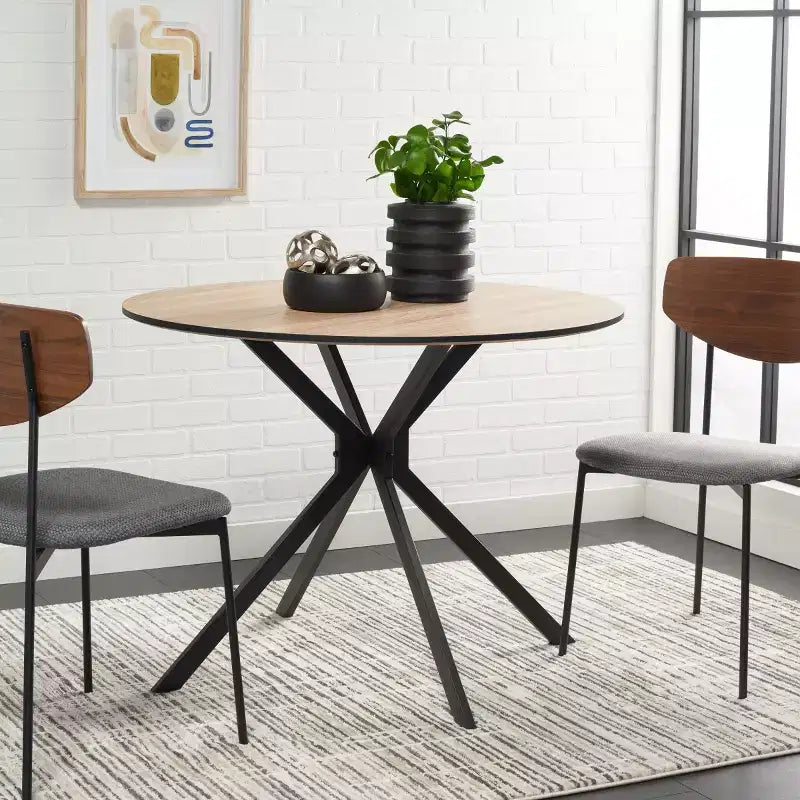 Table de salle à manger bistrot ronde du milieu du siècle, plateau en bois naturel et piètement noir, 2 places
