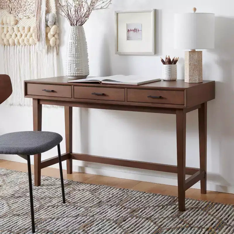 Bureau en bois 3 tiroirs avec grand rangement, finition marron